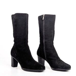 Aquatalia Women Black Suede Dress Office Zip Heel Round Boots sz 8.5